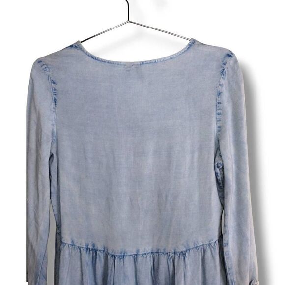 D8Kade Women's Dress Blue Chambray LS Fit Flare V-neck Tie Knee Length Sz Small - Picture 9 of 9